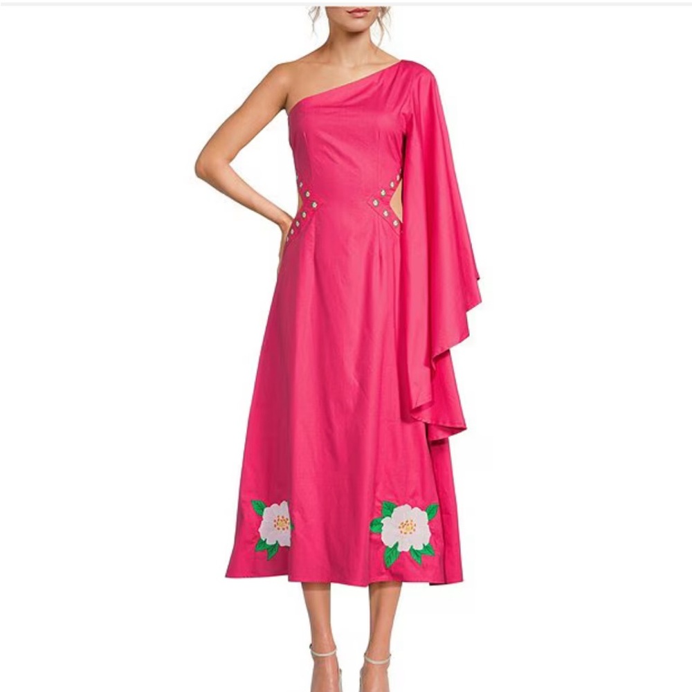 Fanm Mon Amarya One-Shoulder Bell Sleeve Side Cut Out Floral Embroidered Midi